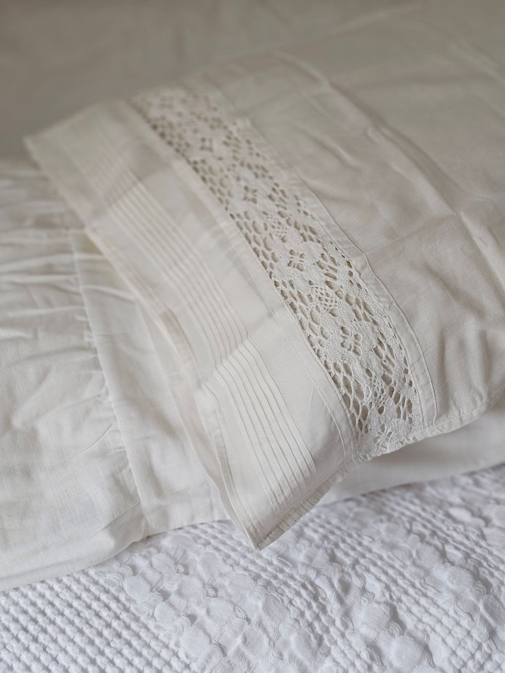 Vintage Style Crochet Lace and Pleated Edge Pillowcase Set
