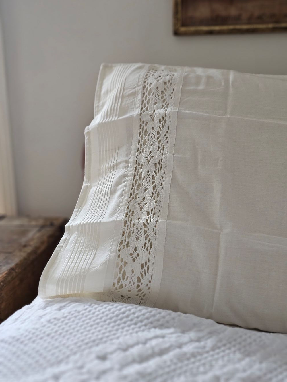 Vintage Style Crochet Lace and Pleated Edge Pillowcase Set