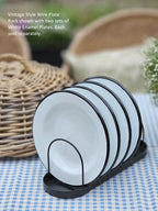 White Enamel Salad Plates with Black Rims, Set of Two