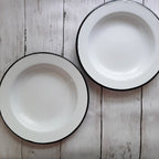 White Enamel Salad Plates with Black Rims, Set of Two